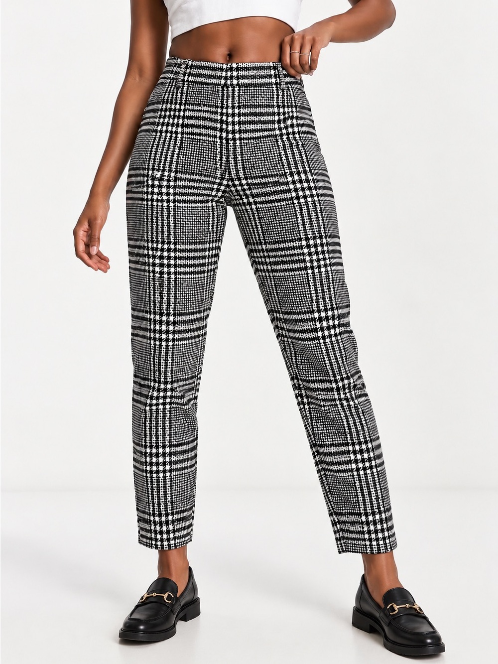 H&M Mid Waist Plaid Tapered Pants - Black & White